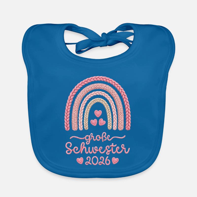 Große Schwester 2026 Regenbogen rosa Strickmuster Baby Bio-Lätzchen