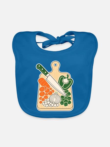 Schneidebrett mit Kochmesser & Gemüse T-Shirt - Baby Bio-Lätzchen - Pfauenblau - Vorne