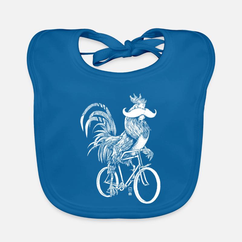 Coq & Bicycles - version blanche - Bavoir bio Bébé - bleu paon