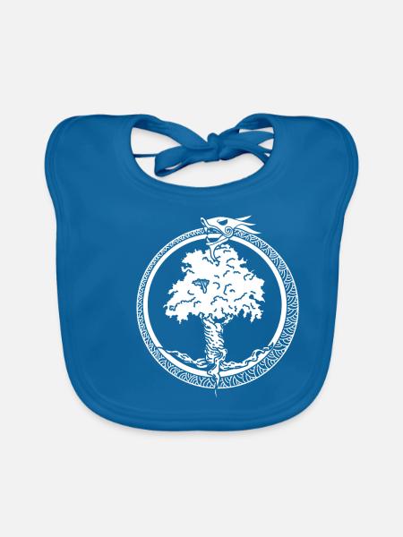 Weltenbaum, Weltenesche, Ouroboros, Schlange - Baby Bio-Lätzchen - Pfauenblau - Vorne