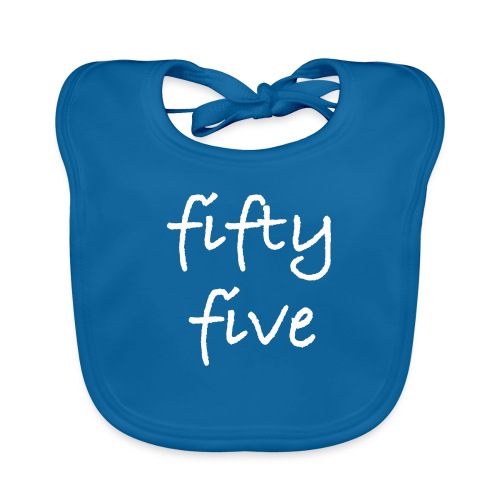 Fiftyfive -teksti valkoisena kahdessa rivissä - Vauvan luomuruokalappu