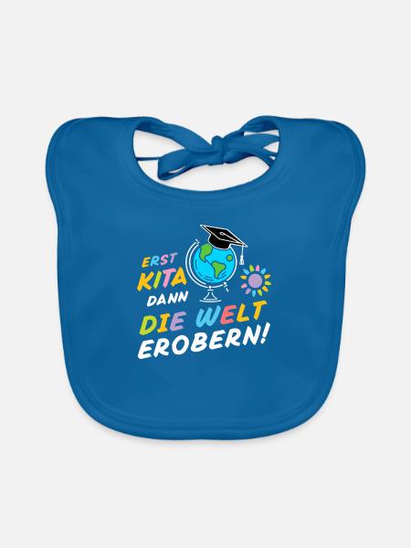 Kita Absolvent Erstklässler Schulkind Welt Erobere - Baby Bio-Lätzchen - Pfauenblau - Vorne