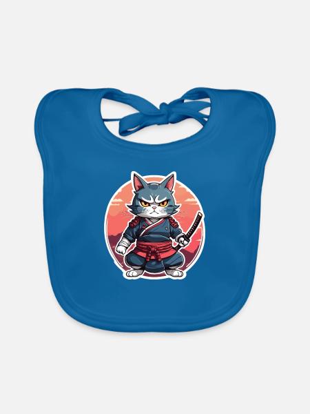 Samurai Cat #16 - Organic Baby Bibs - peacock-blue - Front