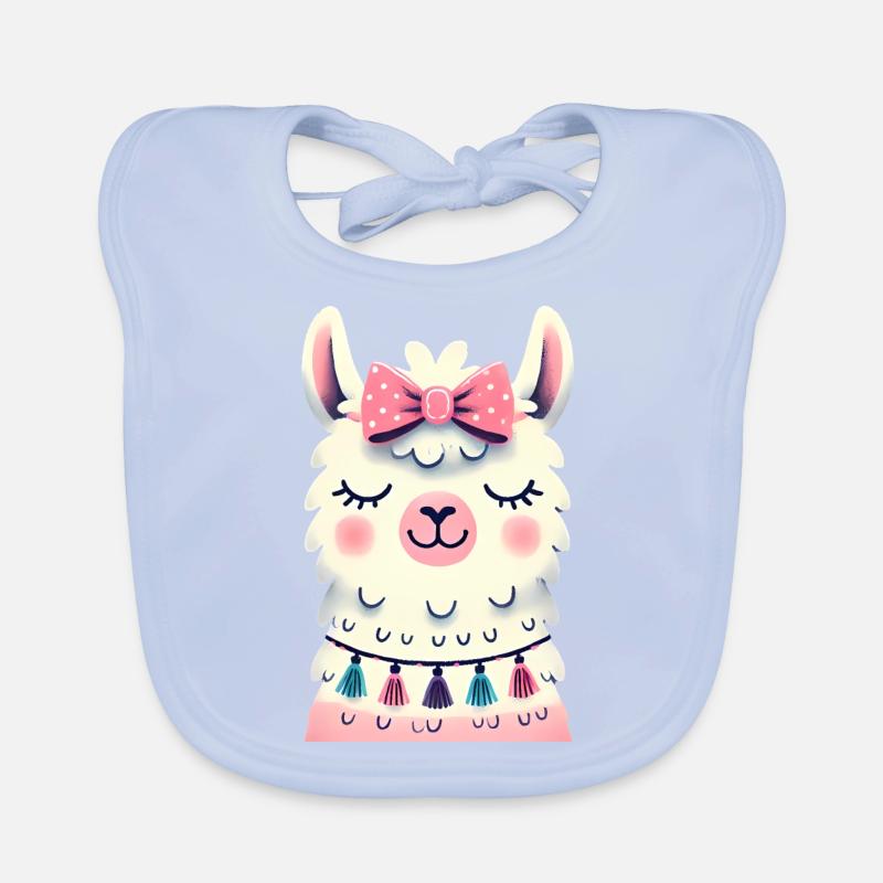 Smiling Llama with Bow Tassels Design Organic Baby Bibs
