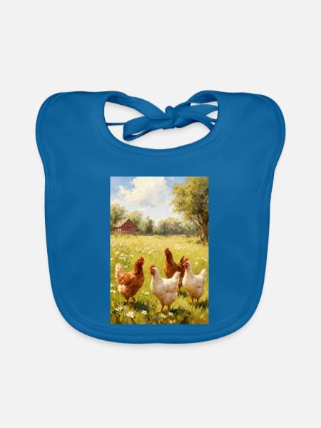 Weidehühner im sonnenbeschienenen Feld - Baby Bio-Lätzchen - Pfauenblau - Vorne