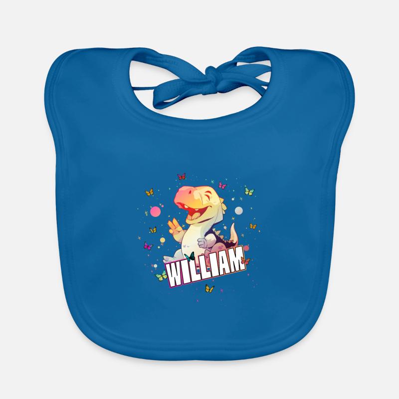 WILLIAM - Beautiful boy name with cute DINO T-REX Organic Baby Bibs