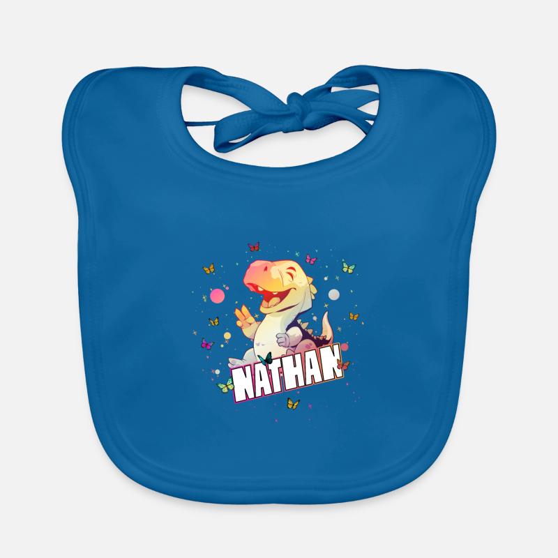 NATHAN - Beautiful boy name with cute DINO T-REX Organic Baby Bibs