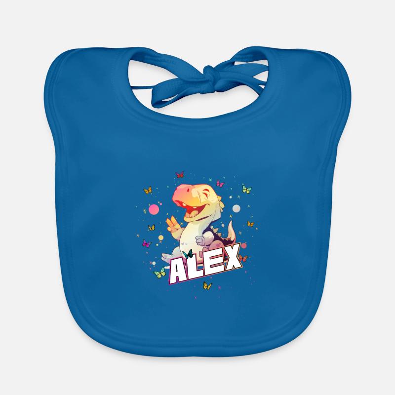 ALEX - Beautiful boy name with cute DINO T-REX Organic Baby Bibs