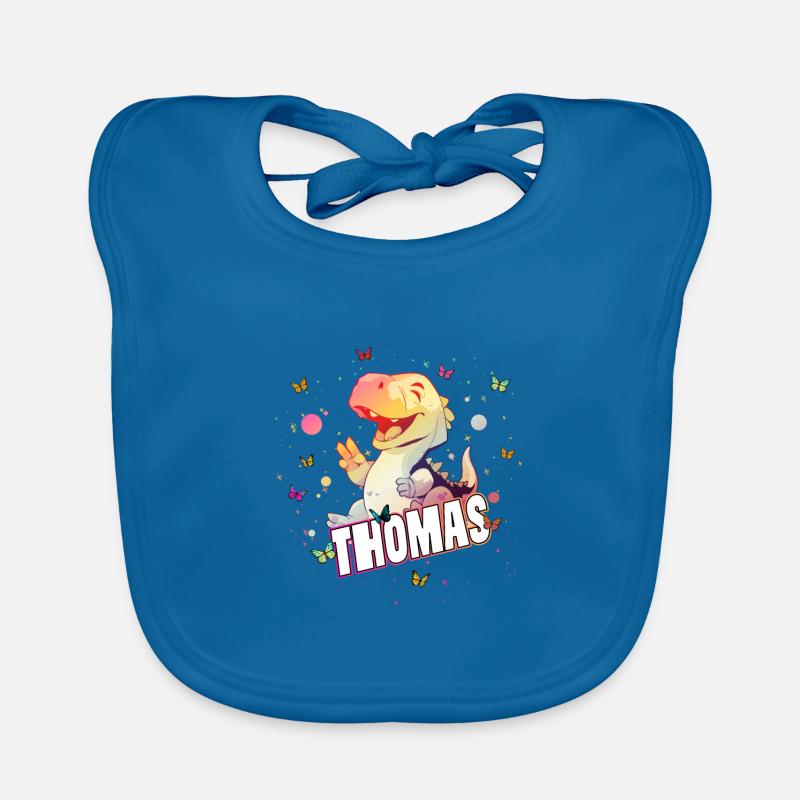 THOMAS - Schöner Junge Name mit süßem DINO T-REX Baby Bio-Lätzchen