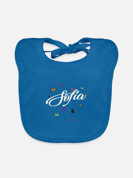 SOFIA - Girl's name with colorful butterflies - Organic Baby Bibs - peacock-blue - Front