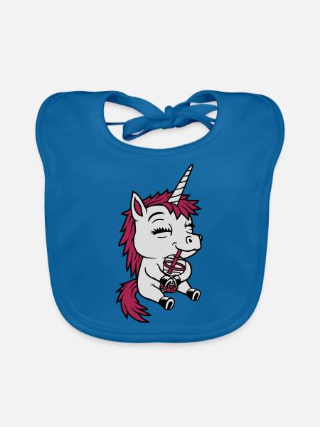 Boba Tea Drinking Unicorn - Organic Baby Bibs - peacock-blue - Front