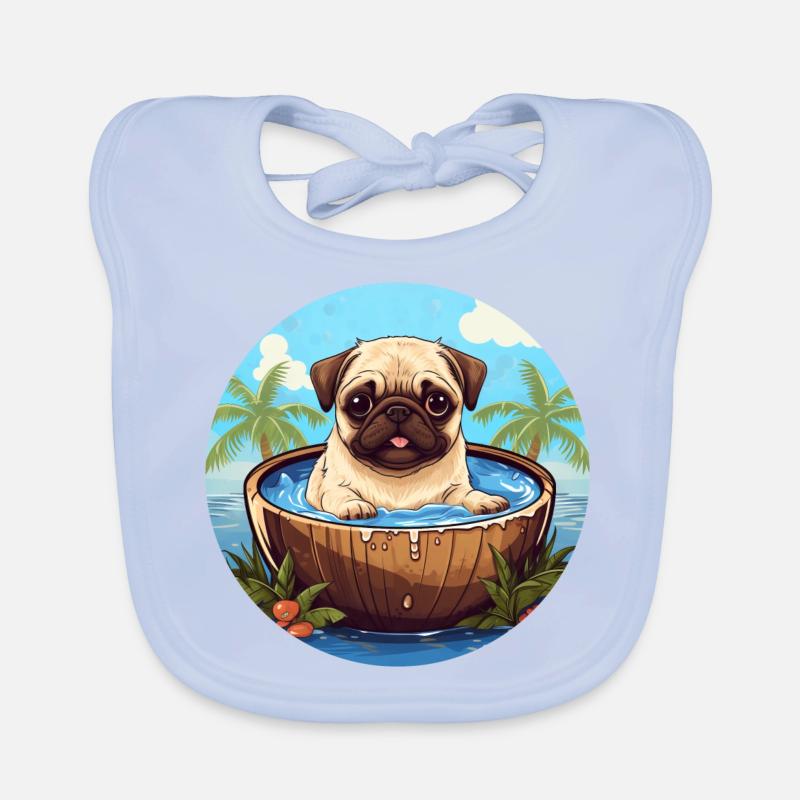 Summer Pug with Coconut Palm Sunset Organic Baby Bibs