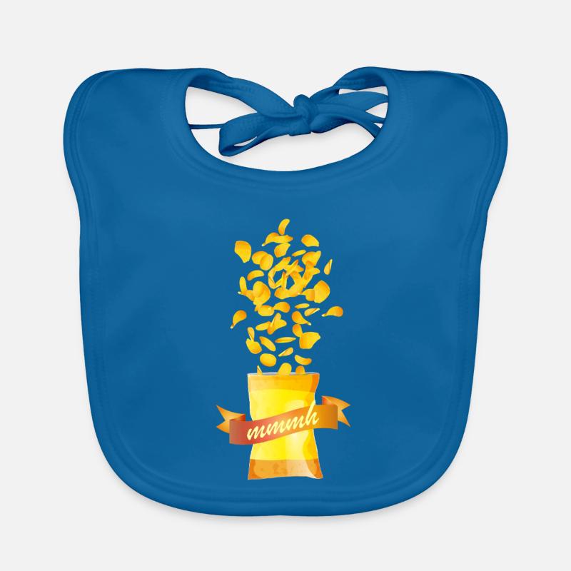 Offene Chips-Tüte mit Kartoffelchips und Banner Baby Bio-Lätzchen