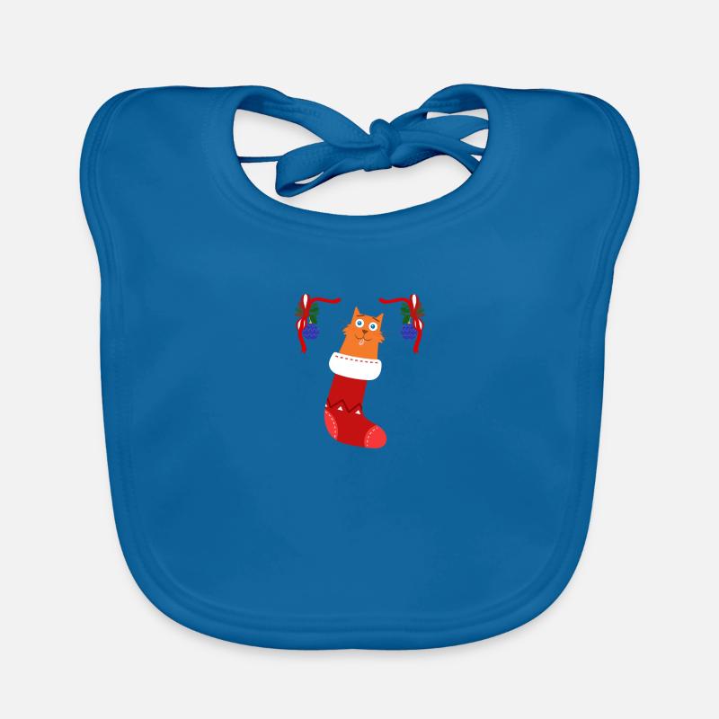 Chat Noël Cadeau Noël Bébé Bas - Bavoir bio Bébé - bleu paon