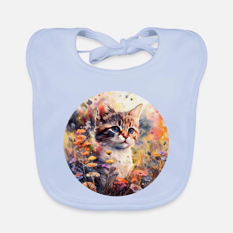 Chat dans un pré fleuri - Aquarelle Bavoir bio Bébé