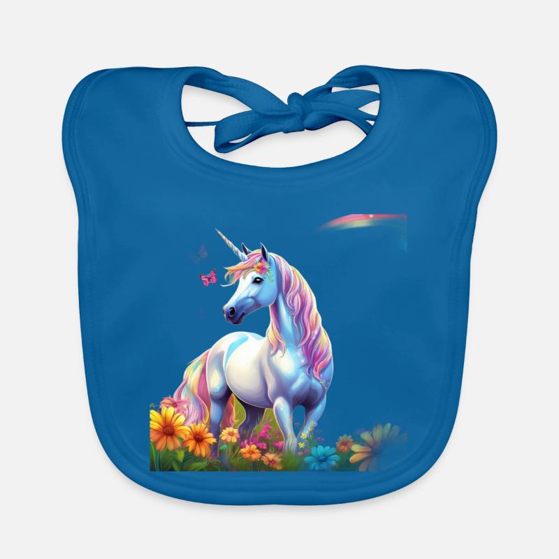 Himmlisches Einhorn im Blumenfeld mit Schmetterlin - Baby Bio-Lätzchen - Pfauenblau