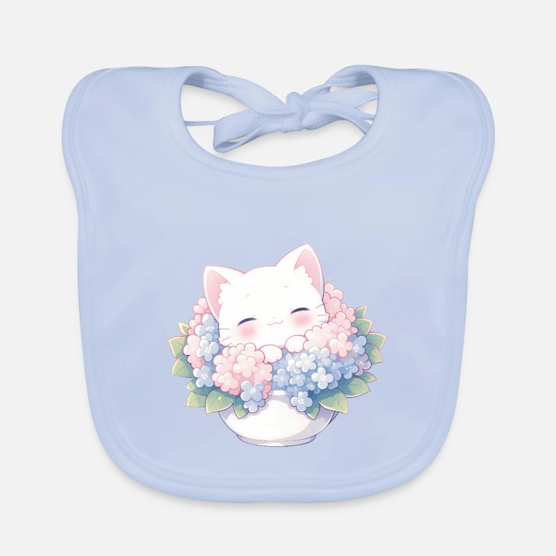 Cute White Cat in Hydrangeas – Kawaii Design Organic Baby Bibs