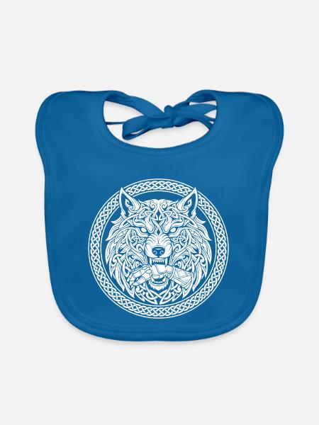 Fenrir und Týrs Hand – Wolf im Flechtring - Baby Bio-Lätzchen - Pfauenblau