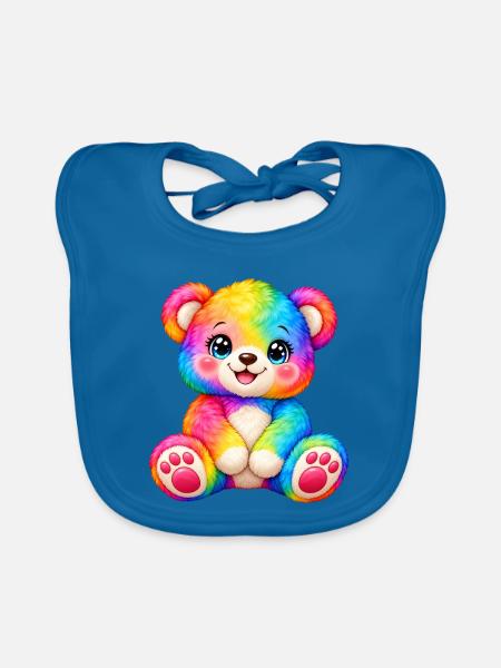 Kawaii Mehrfarbiger Teddybär - Baby Bio-Lätzchen - Pfauenblau