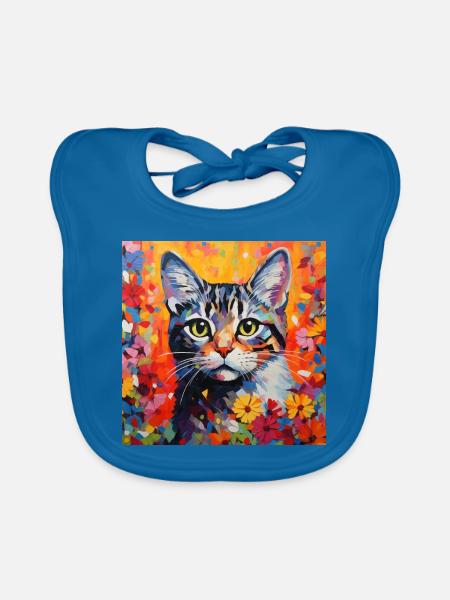 cat, cat motif, flowers, gift, gift idea - Organic Baby Bibs - peacock-blue - Front