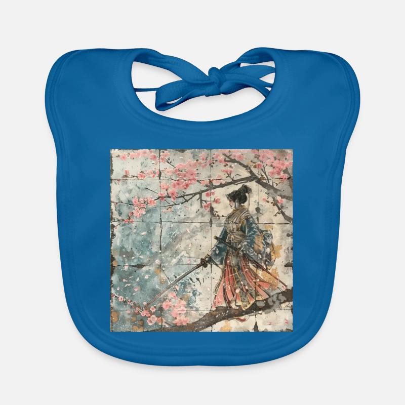 Japonais, Samouraï, Cerisier en fleurs, Art, Ukiyo-e - Bavoir bio Bébé - bleu paon