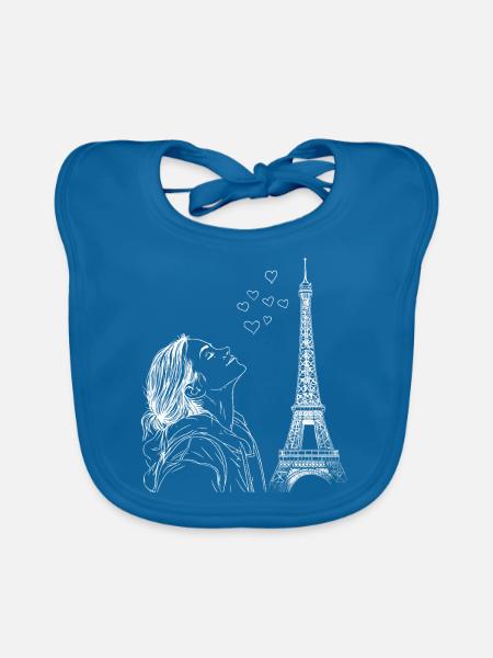 Paris Tour Eiffel France Femme Coeurs Line Art - Bavoir bio Bébé - bleu paon - Devant