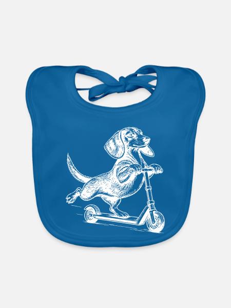 Dackel auf dem Tretroller – Vintage-Stil - Baby Bio-Lätzchen - Pfauenblau - Vorne