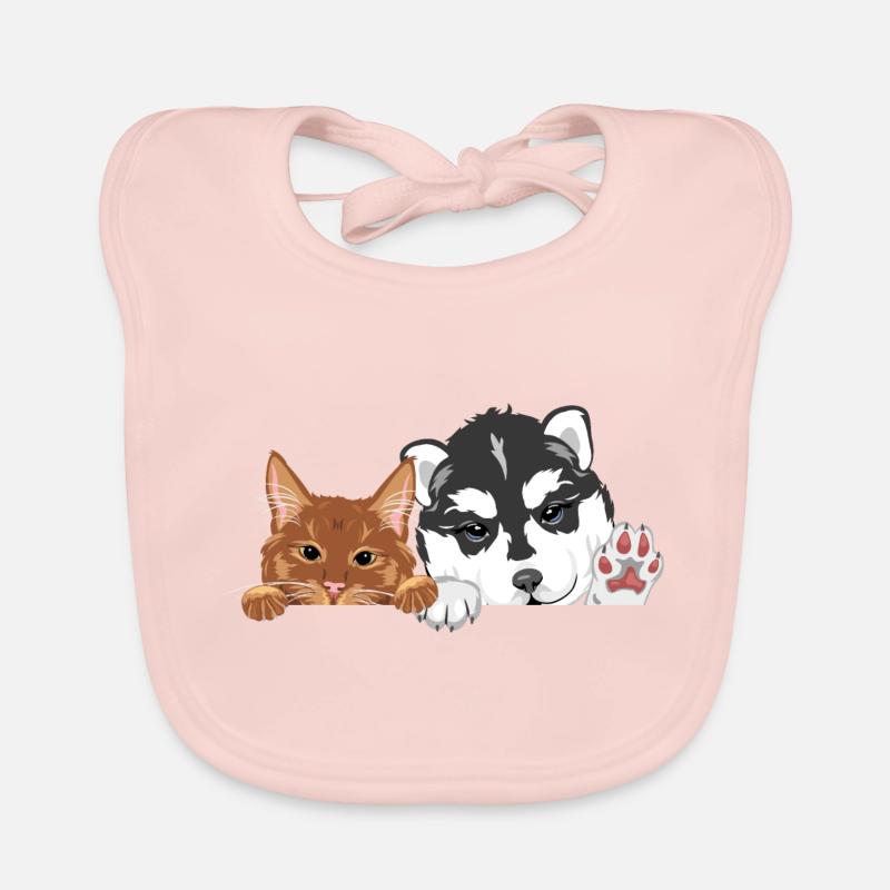 Coup d’œil drôle de chat roux et chien husky - Bavoir bio Bébé - rose