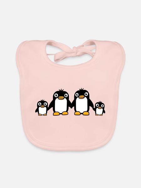 4 pingouins papa maman deux enfants bébé mains tenant - Bavoir bio Bébé - rose - Devant