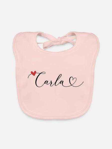 Carla Surname First name Calligraphy Heart - Organic Baby Bibs - rose - Front