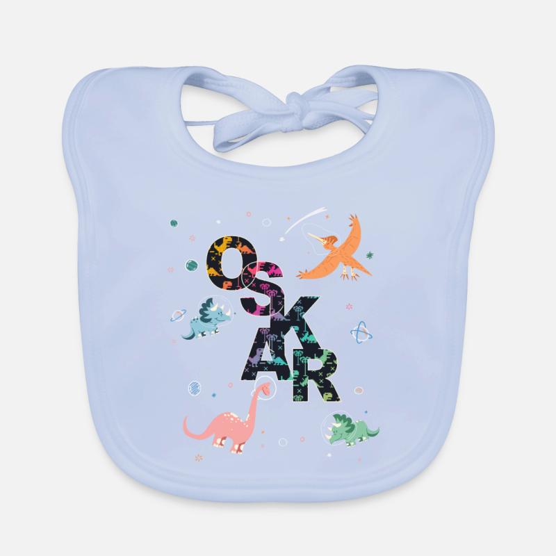 Oskar - Beautiful boy name with cool dinosaurs Organic Baby Bibs