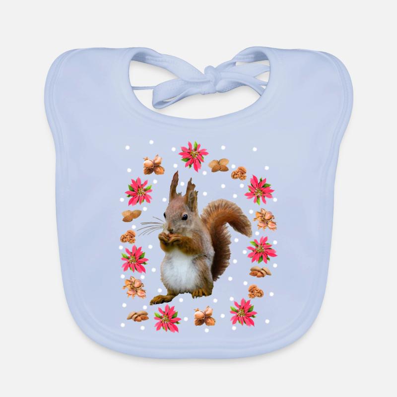 Eichhörnchen mit Nüssen, Weihnachtsstern, Haselnus Baby Bio-Lätzchen