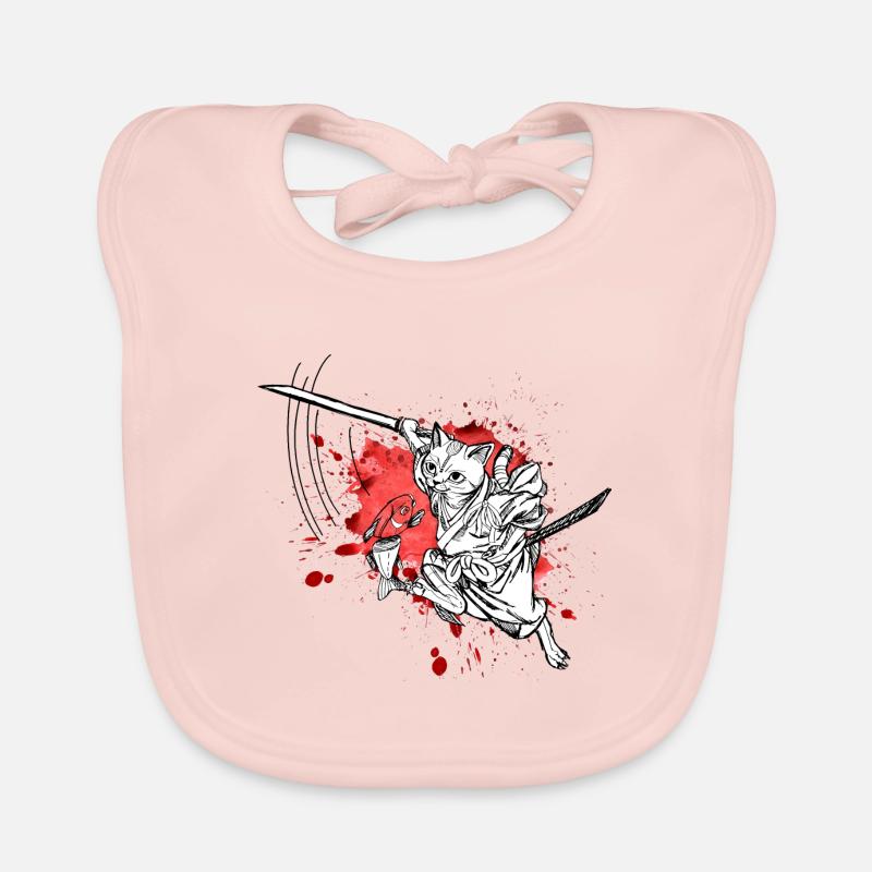Chat samouraï mignon avec épée et poisson, éclaboussures Bavoir bio Bébé