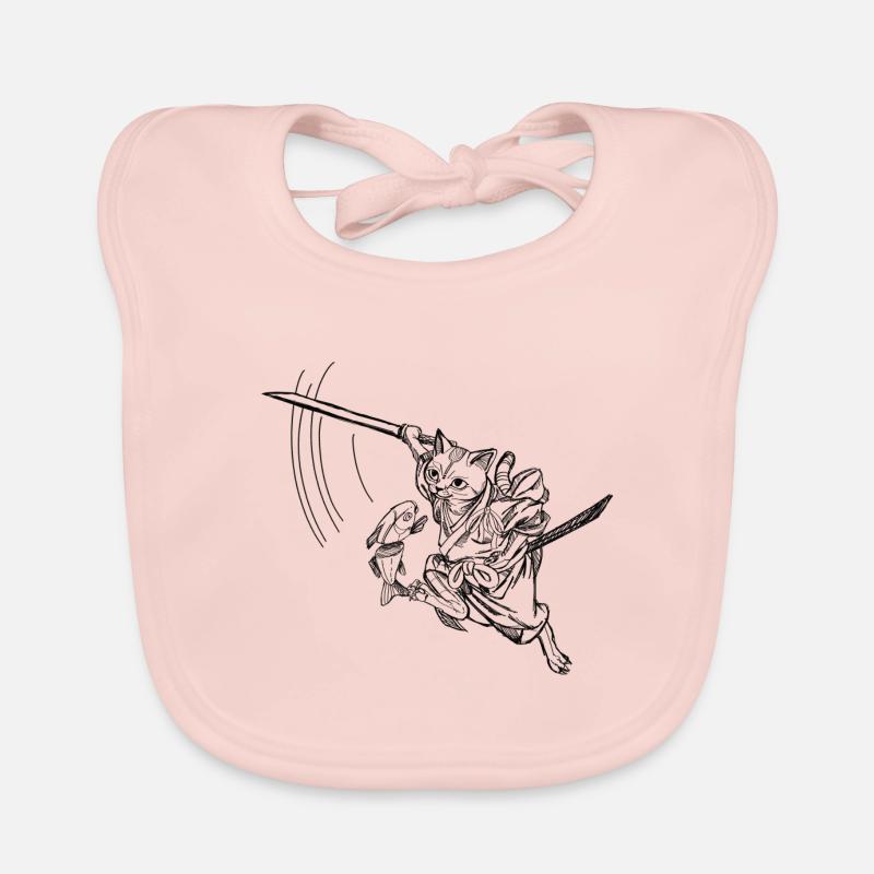Chat samouraï mignon avec épée et poisson, vintage Bavoir bio Bébé