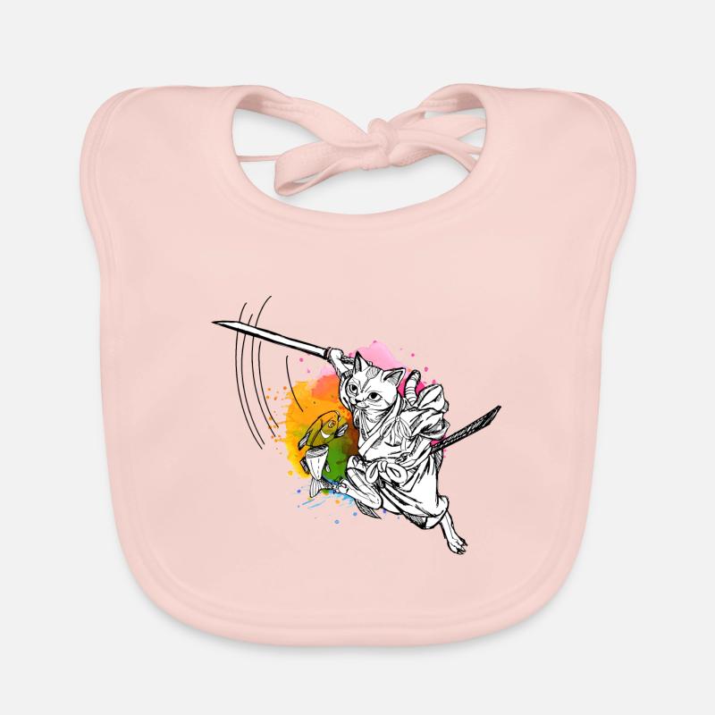 Chat samouraï mignon avec épée et poisson, couleurs Bavoir bio Bébé
