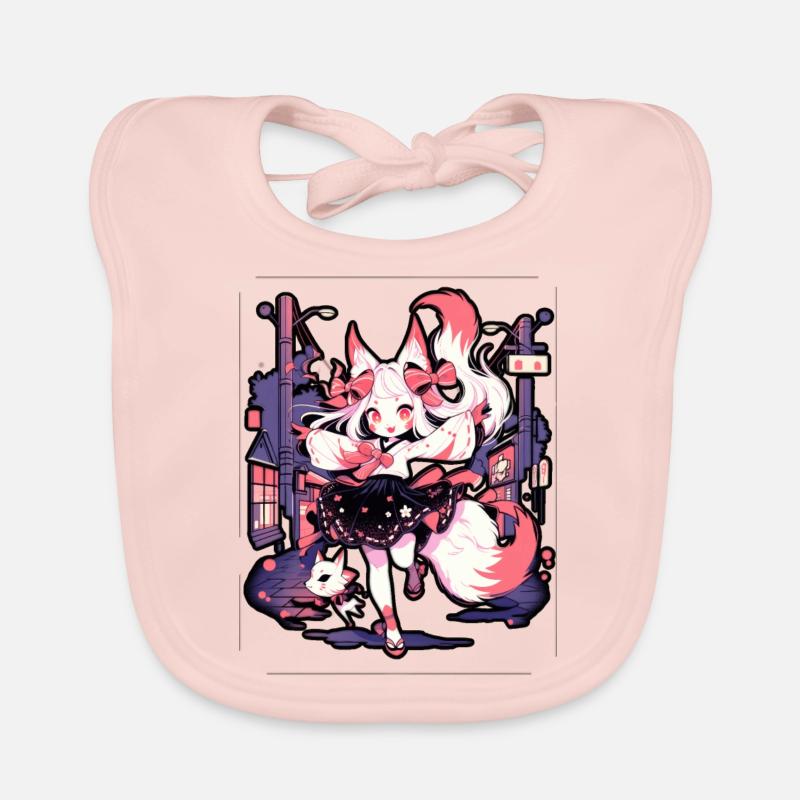 Anime girl kitsune posing, cute , fox, Organic Baby Bibs