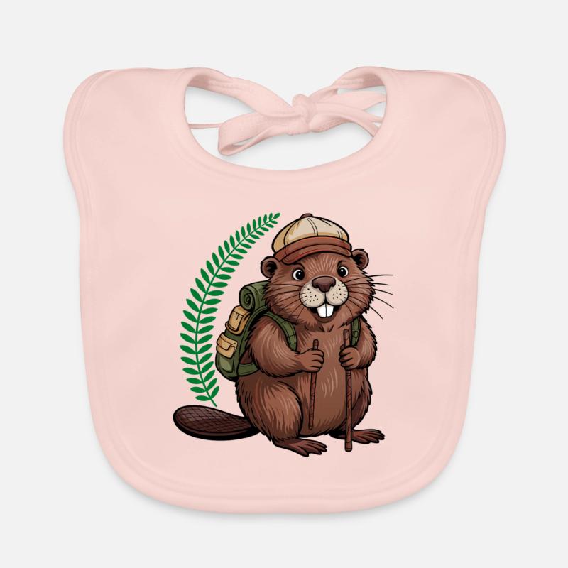 Funny beaver with hiking poles and backpack Organic Baby Bibs