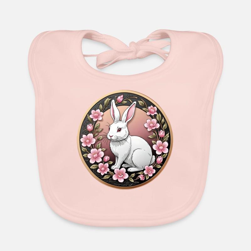 Fancy coin white rabbit among pink flowers Organic Baby Bibs