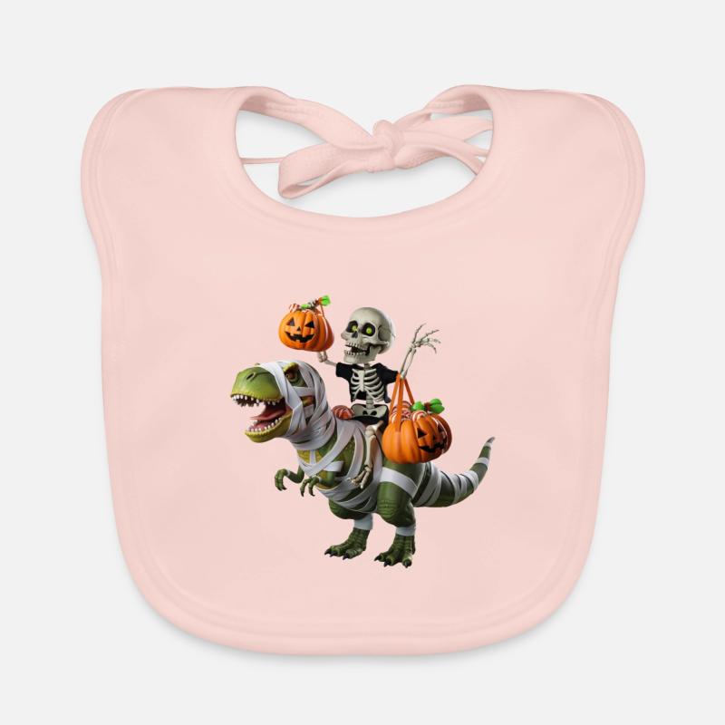 Skeleton on T-Rex with pumpkins Organic Baby Bibs