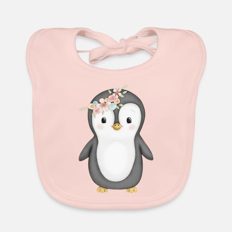 pingouin doux avec couronne de fleurs - Bavoir bio Bébé - rose