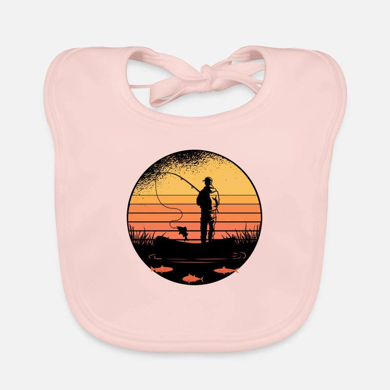 Pêcheur en mer avec son cadeau canne à pêche - Bavoir bio Bébé - rose