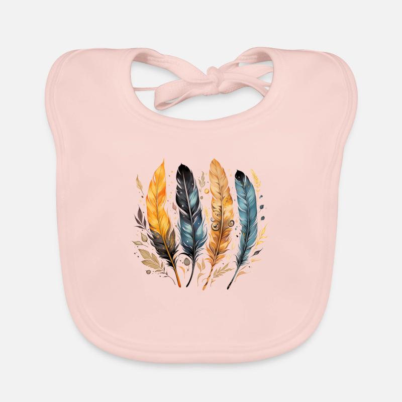 4 single bird feathers side by side, Native American Organic Baby Bibs