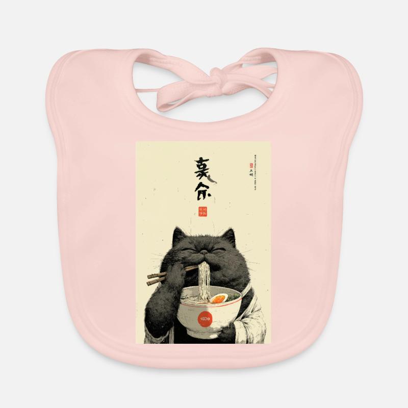 Chat heureux mangeant des ramen - Bavoir bio Bébé - rose
