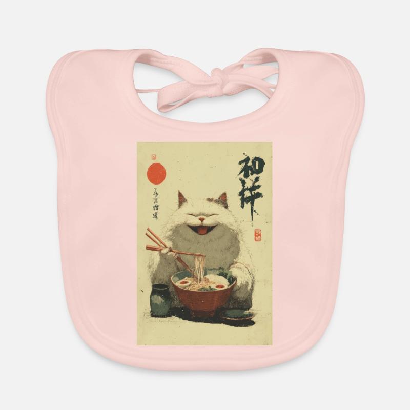 Happy White Cat Slurping Ramen Organic Baby Bibs