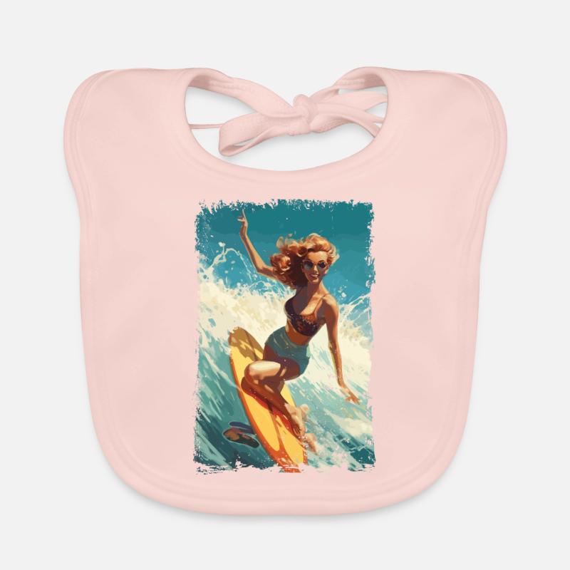 Retro Beach Babe - Surf Comic Design - Bavoir bio Bébé - rose