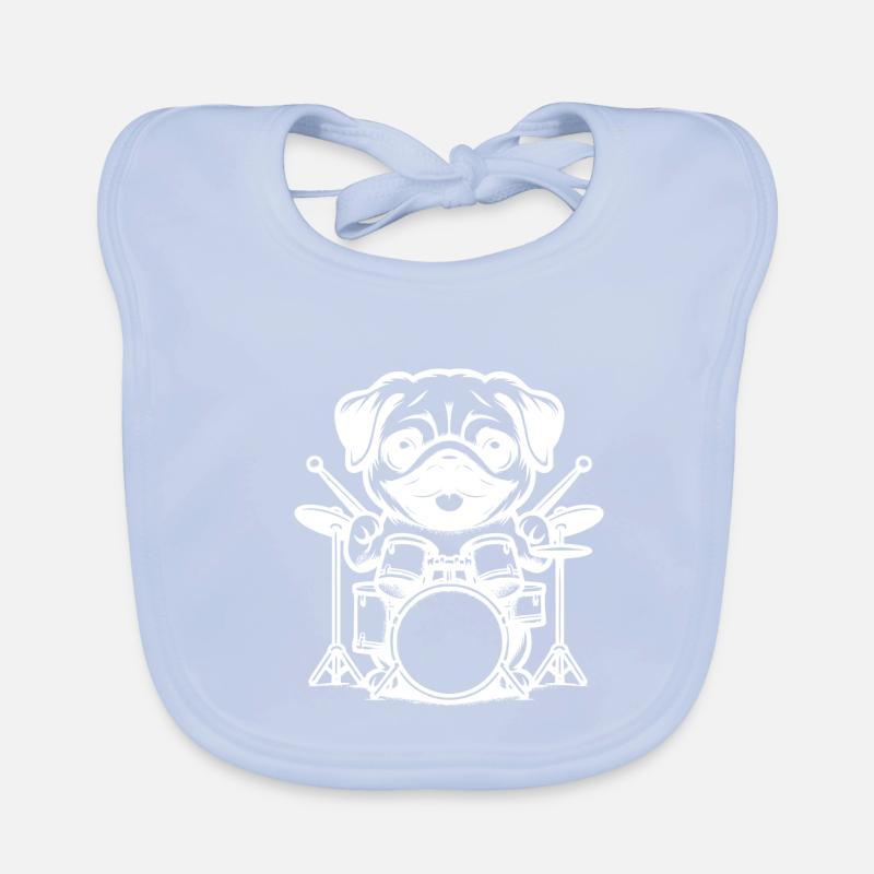 Cute Pug Drummer In White Organic Baby Bibs