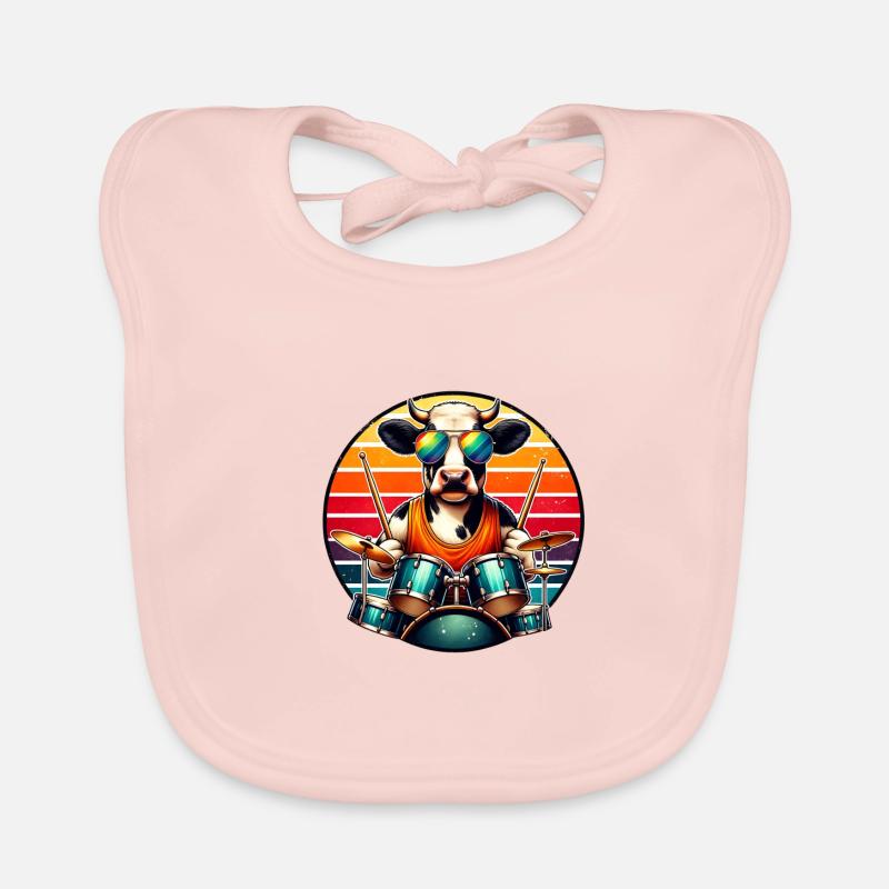 Cool Drummer Cow with Drums Design Organic Baby Bibs