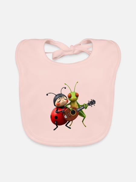 Ladybug and Grasshopper Playing the Mandolin - Organic Baby Bibs - rose - Front
