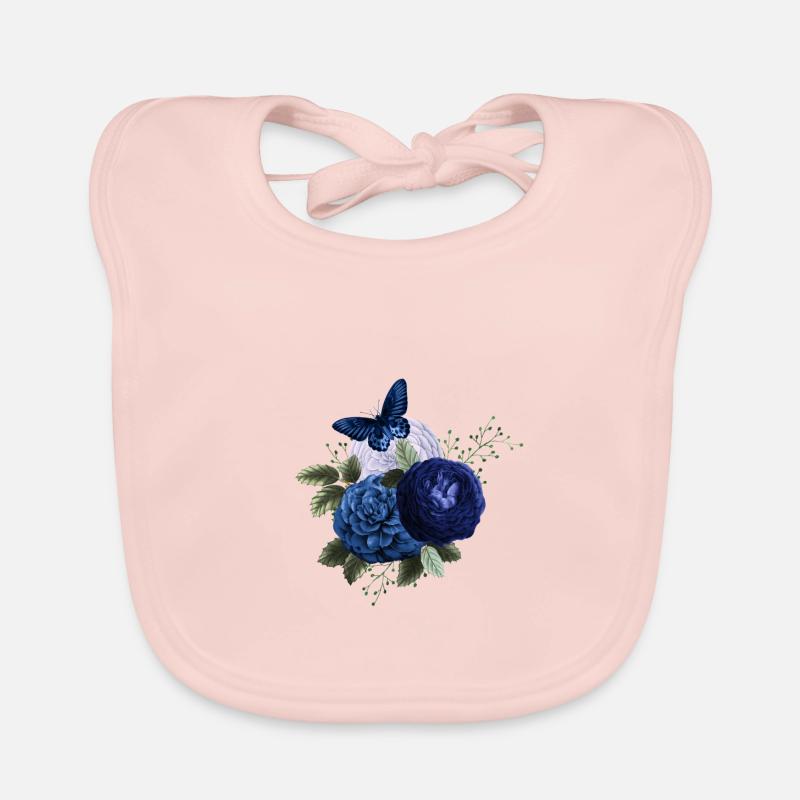 Bouquet de fleurs bleues et beau papillon bleu - Bavoir bio Bébé - rose