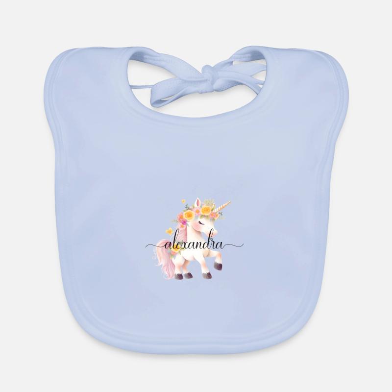 Alexandra! Einhorn-Blumen Design, personalisierbar Baby Bio-Lätzchen